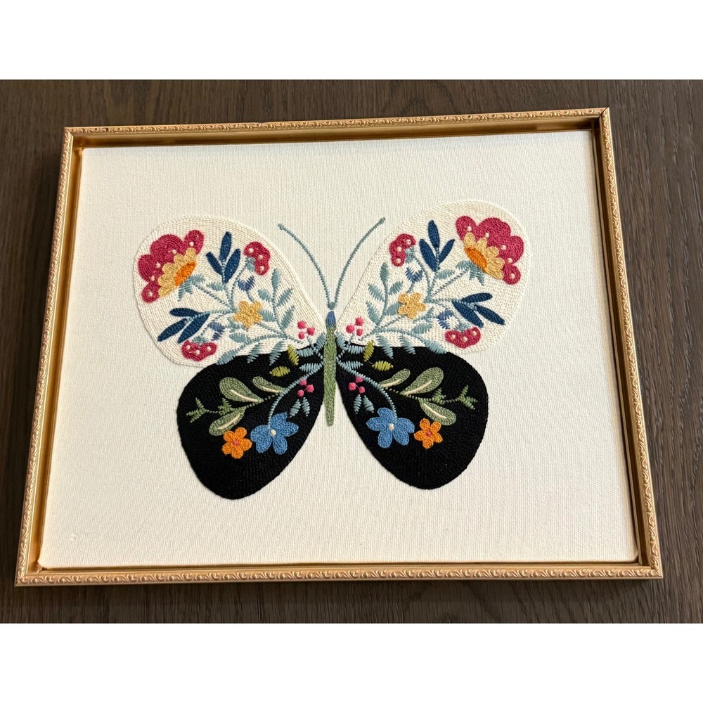 BP Home Embroidered Crewel Butterfly Floral Wall Art Gold Framed Decor 14"